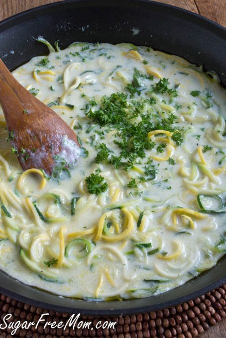 Lightened Up Alfredo Sauce with Zucchini & Yellow Squash Noodles