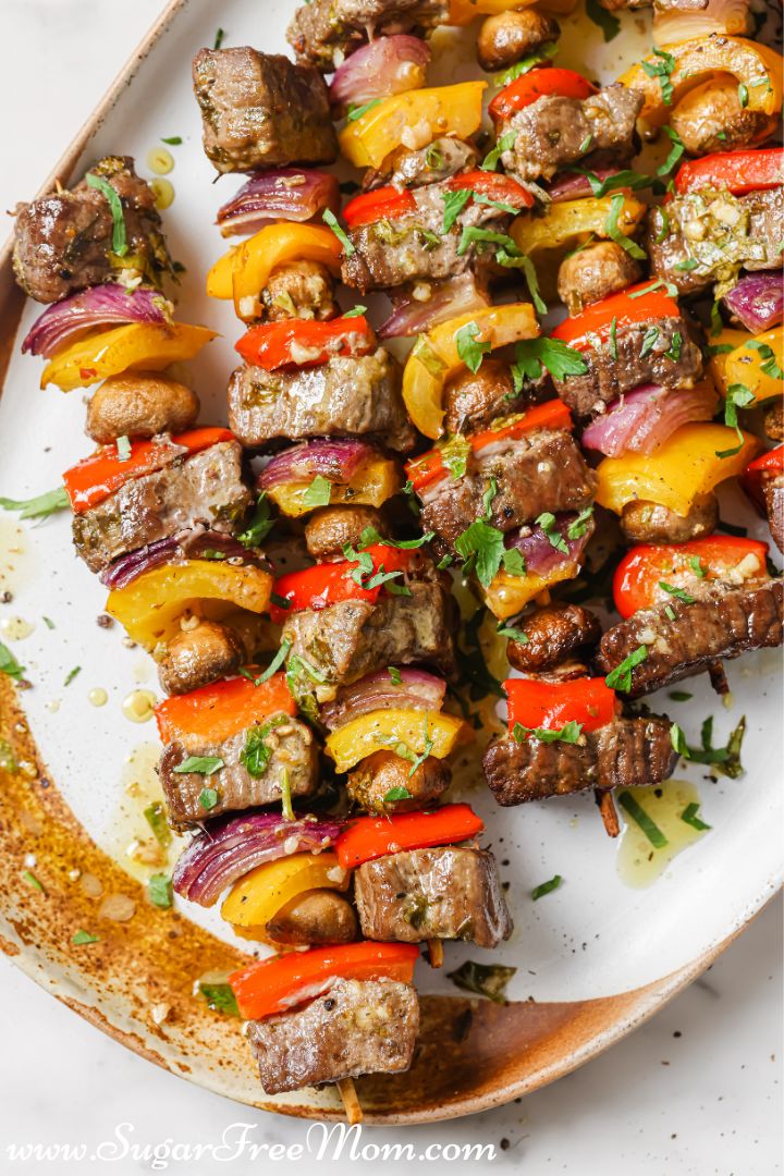 Easy Marinated Grill or Oven Low Carb Keto Beef Steak Kabobs