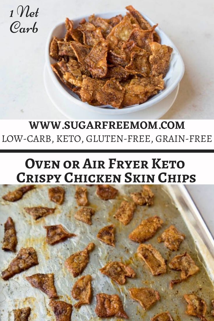 The ultimate keto Chicken Skin Chips are just as crispy and with a crunchy texture of potato chips, but without the carbs or having to fry them!! 9 grams of protein for 1 ounce!