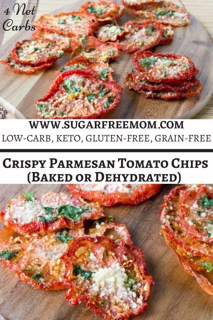 Crispy Parmesan Tomato Chips made in your oven or dehydrator! Just 4 g net carbs per serving!