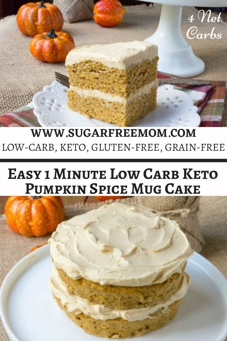 This Mini Keto Gluten-Free Mug Cake is actually a Pumpkin Cake recipe made Sugar-Free, Grain Free, and Nut Free. It's layered with Sugar-Free Maple Cream frosting between perfect pumpkin spice cake! Just 4 g net carbs per serving!