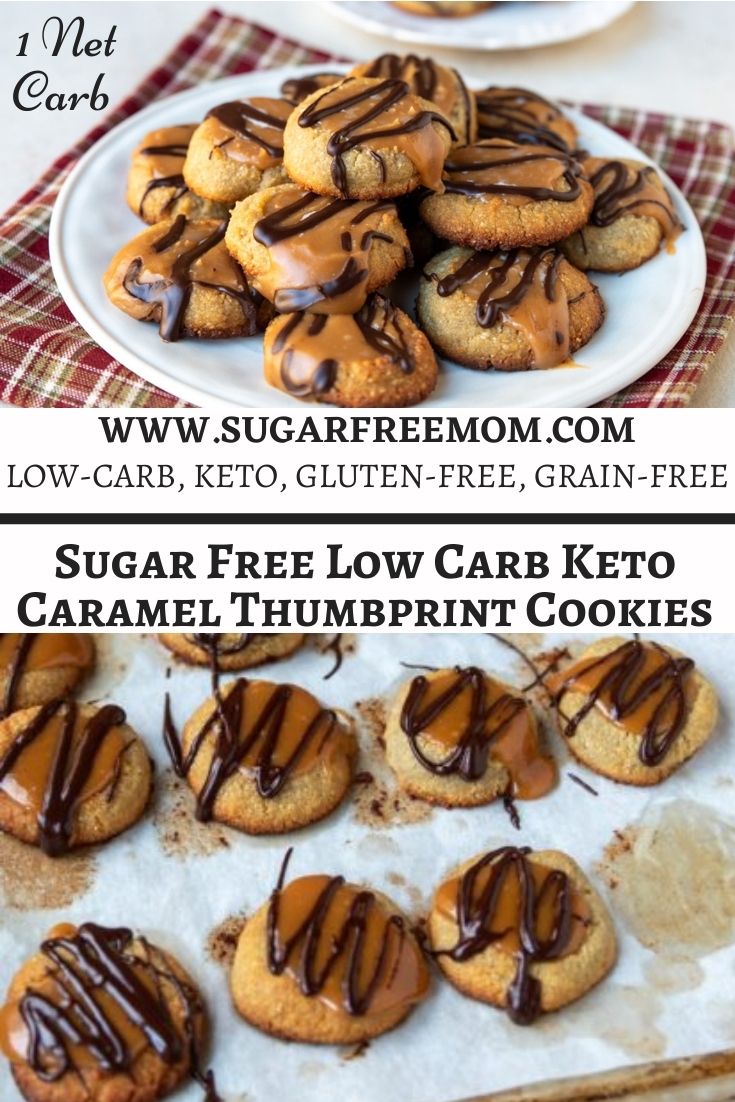 These scrumptious sugar free keto caramel thumbprint cookies are gluten free, low carb, almond flour free, need just 8 simple ingredients and have just 1 g net carb!