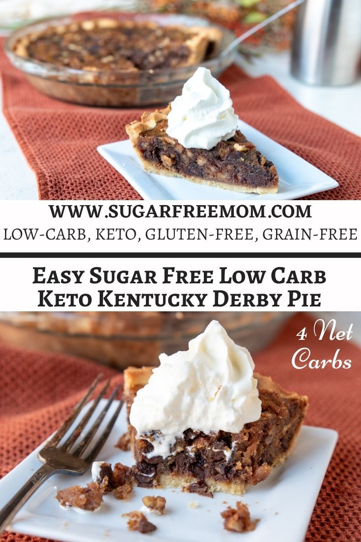 This easy keto Kentucky derby pie has a delicious gooey chocolate pecan filling baked in a flaky easy keto pie crust. Just 4 g net carbs per serving! 